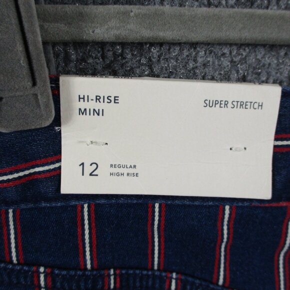 American Eagle Skirt Womens 12 Blue Red Striped Denim Jean Mini Stretch Raw Edge - Picture 3 of 13